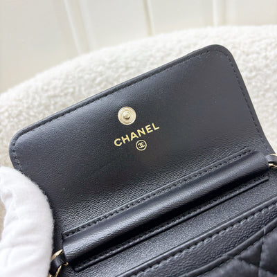 Chanel 23K Micro Clutch / Card Holder on Chain in Black Satin and LGHW