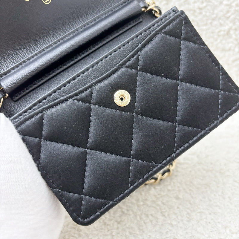 Chanel 23K Micro Clutch / Card Holder on Chain in Black Satin and LGHW