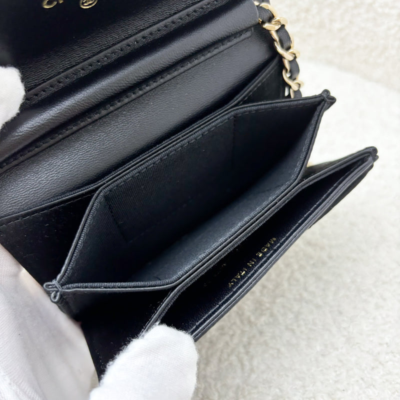 Chanel 23K Micro Clutch / Card Holder on Chain in Black Satin and LGHW