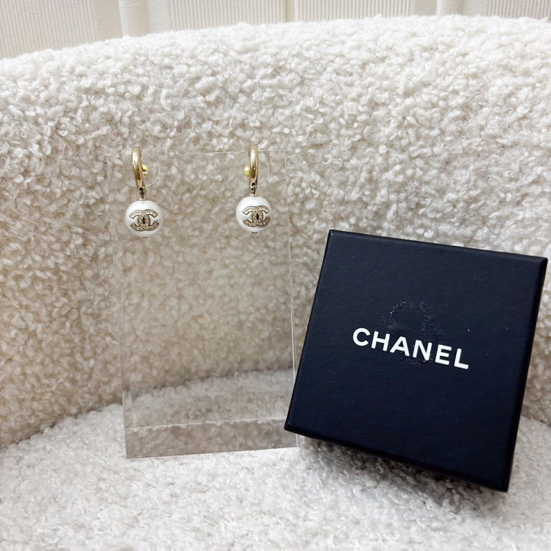 Chanel 22S Pearl with Crystals Studded CC Logo Earrings in LGHW