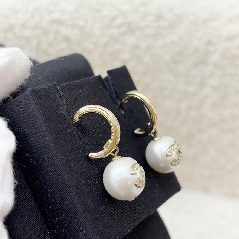 Chanel 22S Pearl with Crystals Studded CC Logo Earrings in LGHW