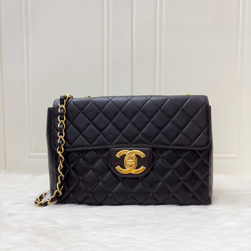 Chanel Vintage Jumbo / Maxi Flap with XL CC Logo in Black Lambskin and 24K Gold-Plated HW