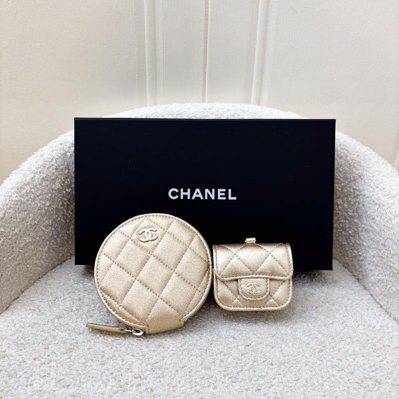 Chanel 2024 VIP Gift Round Pouch and Airpods Holder Bag Charm in Metallic Gold Lambskin and LGHW