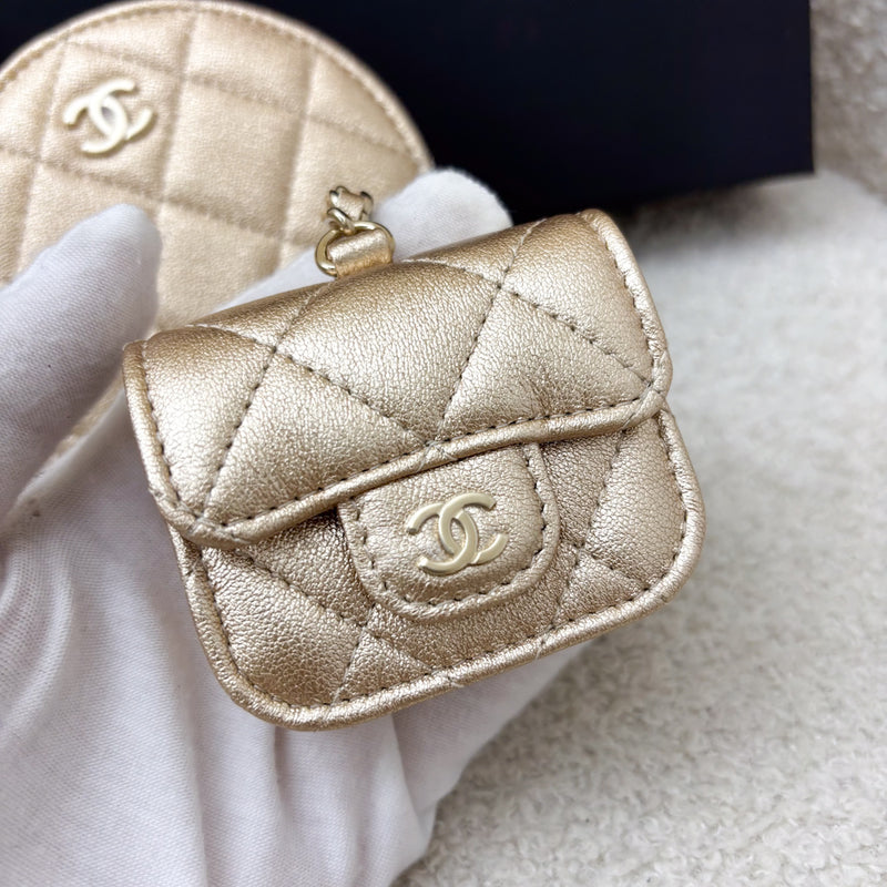 Chanel 2024 VIP Gift Round Pouch and Airpods Holder Bag Charm in Metallic Gold Lambskin and LGHW