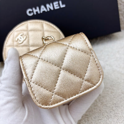 Chanel 2024 VIP Gift Round Pouch and Airpods Holder Bag Charm in Metallic Gold Lambskin and LGHW