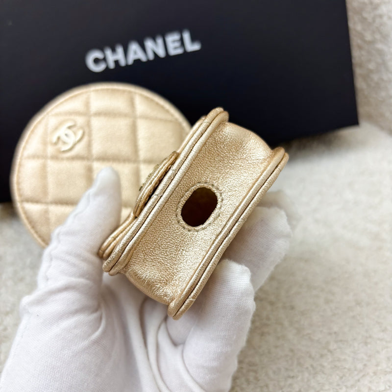 Chanel 2024 VIP Gift Round Pouch and Airpods Holder Bag Charm in Metallic Gold Lambskin and LGHW