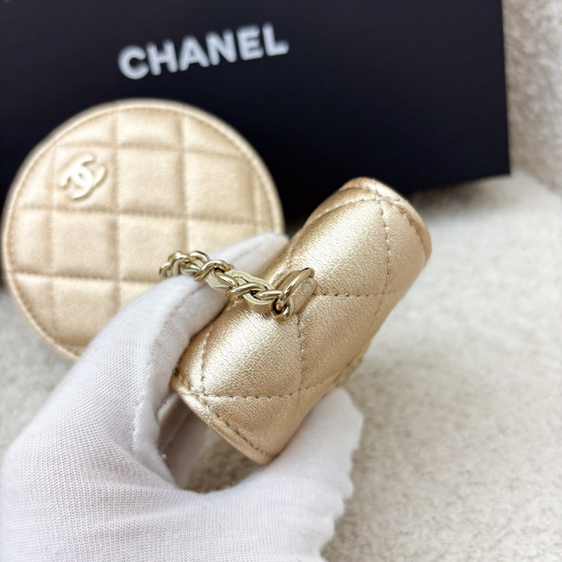 Chanel 2024 VIP Gift Round Pouch and Airpods Holder Bag Charm in Metallic Gold Lambskin and LGHW