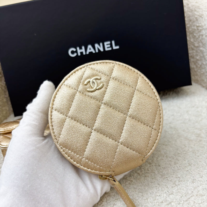 Chanel 2024 VIP Gift Round Pouch and Airpods Holder Bag Charm in Metallic Gold Lambskin and LGHW