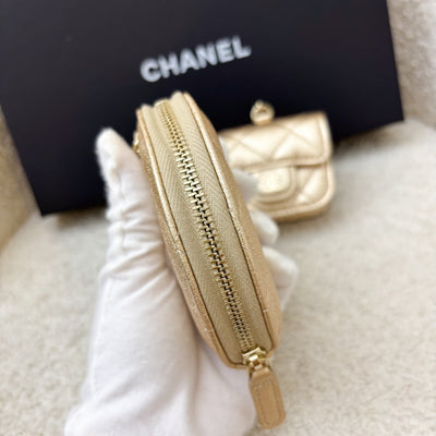 Chanel 2024 VIP Gift Round Pouch and Airpods Holder Bag Charm in Metallic Gold Lambskin and LGHW