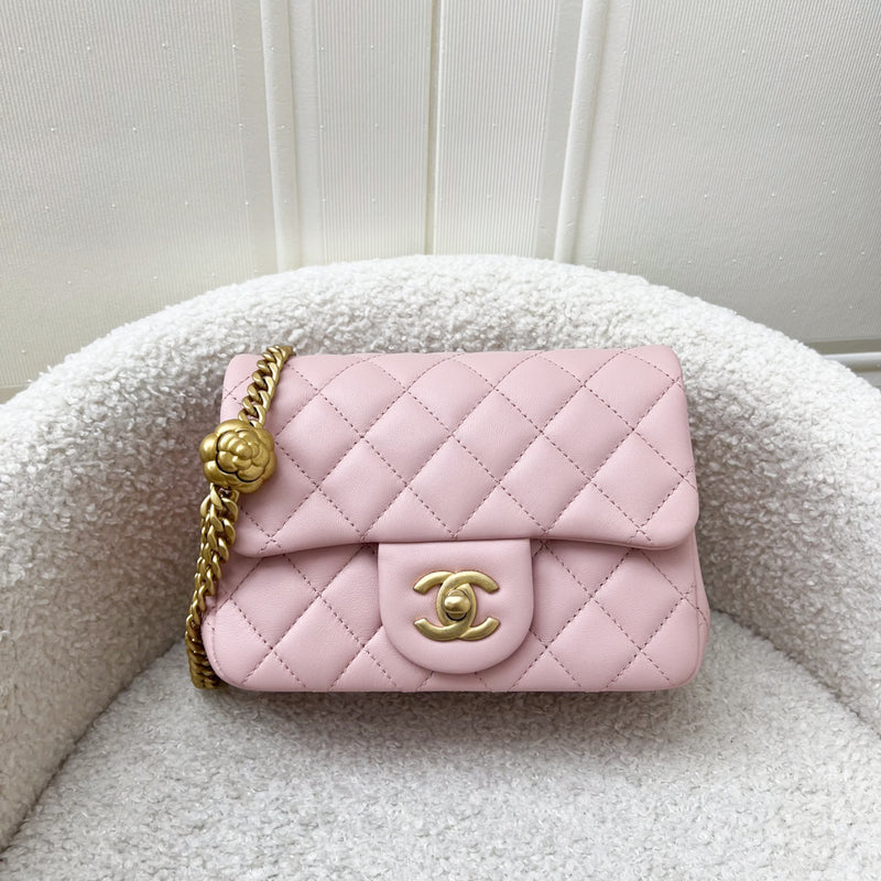 Chanel 23S Camellia Adjustable Chain Square Mini Flap Bag in Sakura Pink Lambskin and AGHW