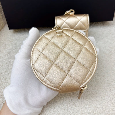 Chanel 2024 VIP Gift Round Pouch and Airpods Holder Bag Charm in Metallic Gold Lambskin and LGHW