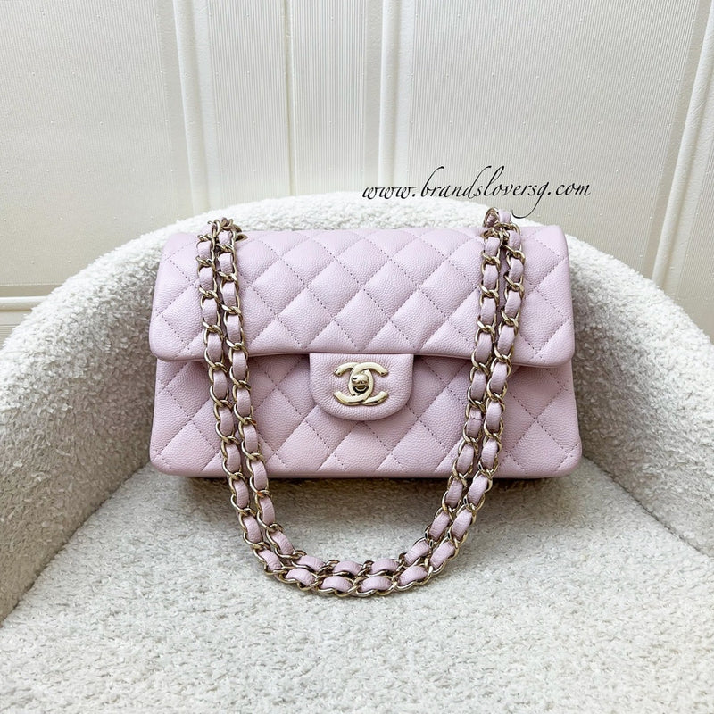 Chanel Small Classic Flap CF in 21S Rose Clair Lilac Pink Caviar and LGHW (Model: A01113)