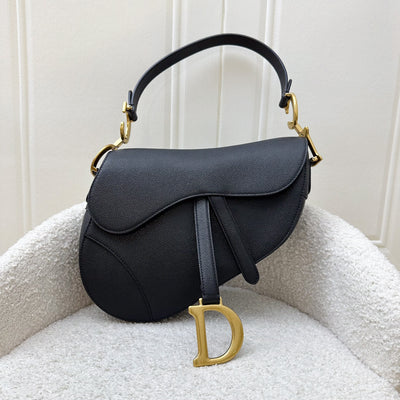 Dior Medium Saddle Bag with Strap in Black Grained Calfskin and AGHW