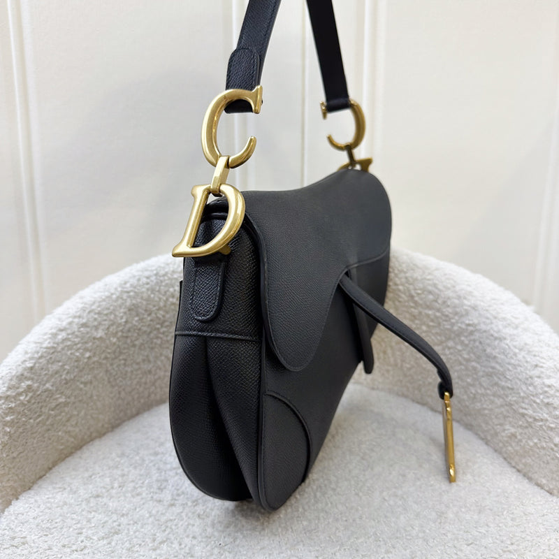 Dior Medium Saddle Bag with Strap in Black Grained Calfskin and AGHW