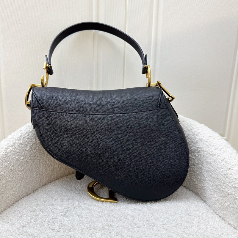 Dior Medium Saddle Bag with Strap in Black Grained Calfskin and AGHW