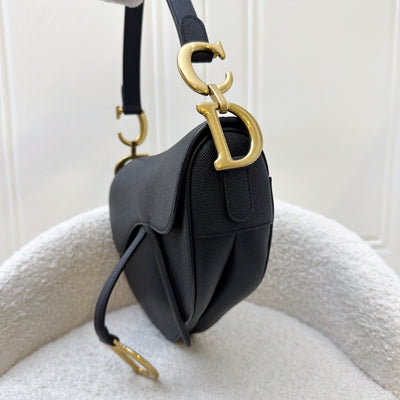 Dior Medium Saddle Bag with Strap in Black Grained Calfskin and AGHW