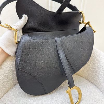 Dior Medium Saddle Bag with Strap in Black Grained Calfskin and AGHW