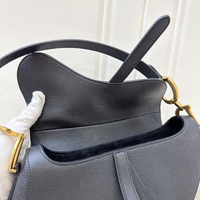 Dior Medium Saddle Bag with Strap in Black Grained Calfskin and AGHW