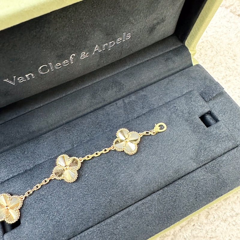 Van Cleef & Arpels VCA Vintage Alhambra 5 Motifs Guilloché Bracelet in 18K Yellow Gold