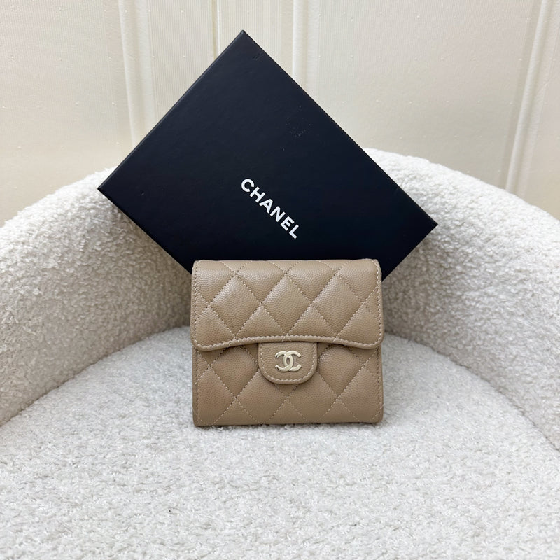 Chanel Classic Trifold Compact Wallet in 22A Dark Beige Caviar and LGHW