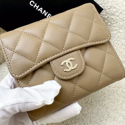 Chanel Classic Trifold Compact Wallet in 22A Dark Beige Caviar and LGHW