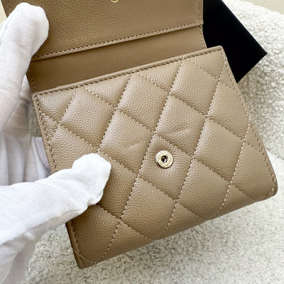 Chanel Classic Trifold Compact Wallet in 22A Dark Beige Caviar and LGHW