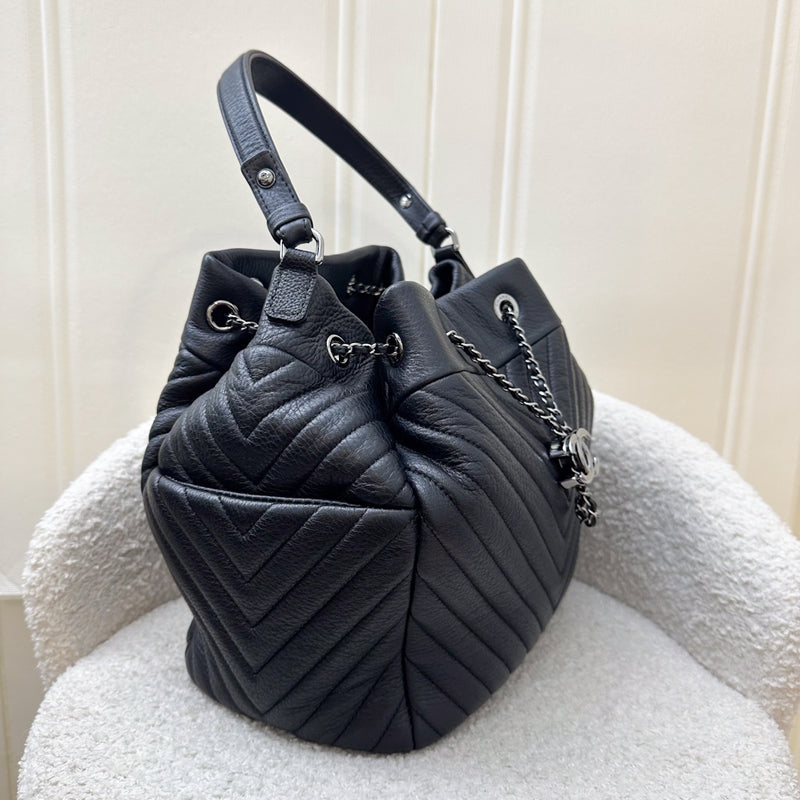 Chanel 16A Bucket Bag in Black Chevron Quilted Deerskin and RHW