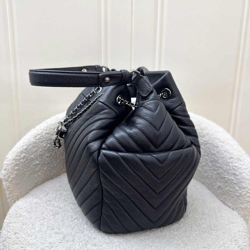 Chanel 16A Bucket Bag in Black Chevron Quilted Deerskin and RHW