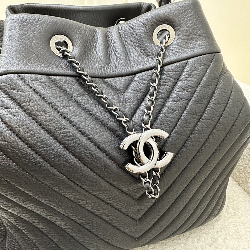 Chanel 16A Bucket Bag in Black Chevron Quilted Deerskin and RHW