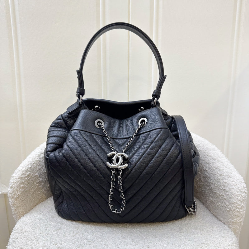 Chanel 16A Bucket Bag in Black Chevron Quilted Deerskin and RHW