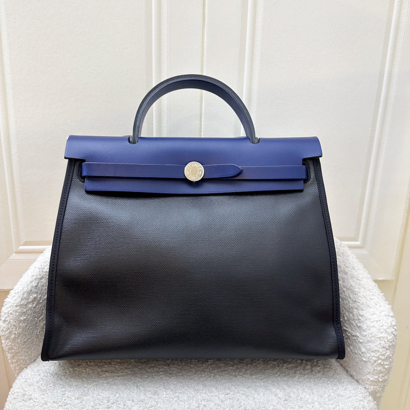 Hermes Herbag Zip 31 in Noir and Ecru-Noir Canvas, Bleu Saphir Leather and PHW