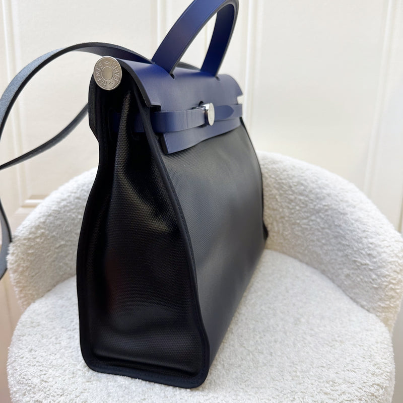 Hermes Herbag Zip 31 in Noir and Ecru-Noir Canvas, Bleu Saphir Leather and PHW