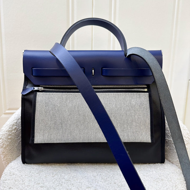 Hermes Herbag Zip 31 in Noir and Ecru-Noir Canvas, Bleu Saphir Leather and PHW