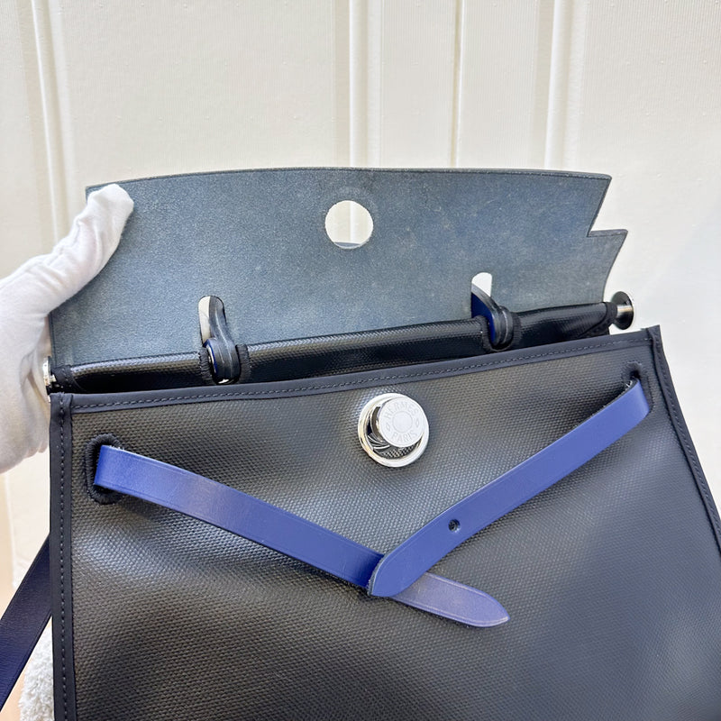 Hermes Herbag Zip 31 in Noir and Ecru-Noir Canvas, Bleu Saphir Leather and PHW