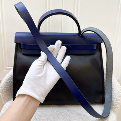 Hermes Herbag Zip 31 in Noir and Ecru-Noir Canvas, Bleu Saphir Leather and PHW