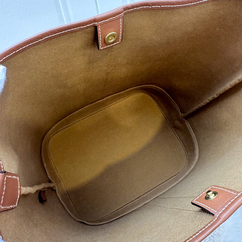 Celine Triomphe Medium Bucket Bag in Triomphe Canvas, Tan Calfskin and GHW