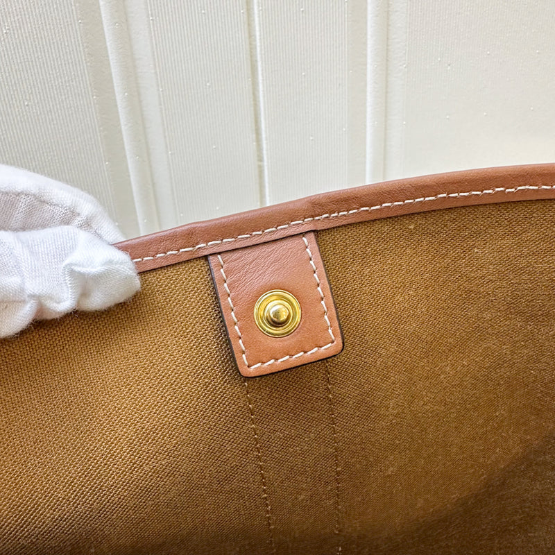 Celine Triomphe Medium Bucket Bag in Triomphe Canvas, Tan Calfskin and GHW