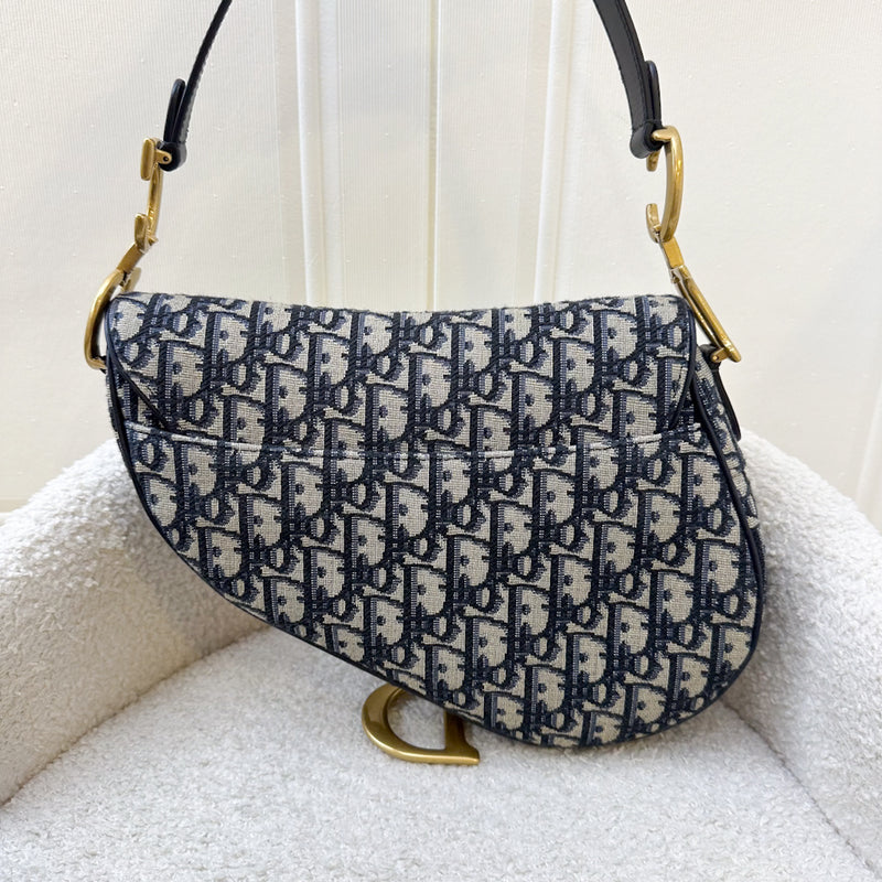 Dior Medium Saddle Bag in Dark Blue Navy Oblique Canvas and AGHW with Matching Guitar Strap (Model: M0455)