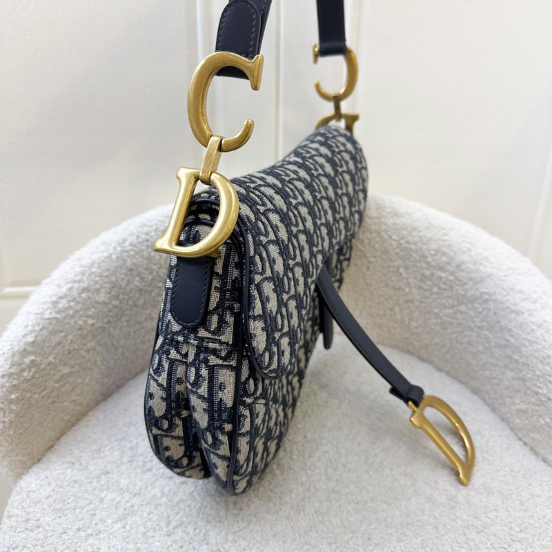 Dior Medium Saddle Bag in Dark Blue Navy Oblique Canvas and AGHW with Matching Guitar Strap (Model: M0455)