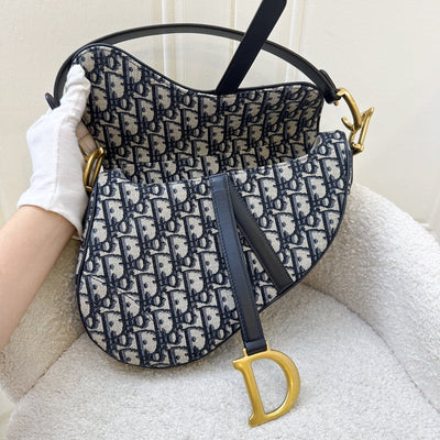 Dior Medium Saddle Bag in Dark Blue Navy Oblique Canvas and AGHW with Matching Guitar Strap (Model: M0455)