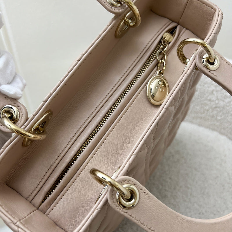 Dior Medium Lady Dior in Rose Beige Lambskin and LGHW (New Version with Adjustable Strap)