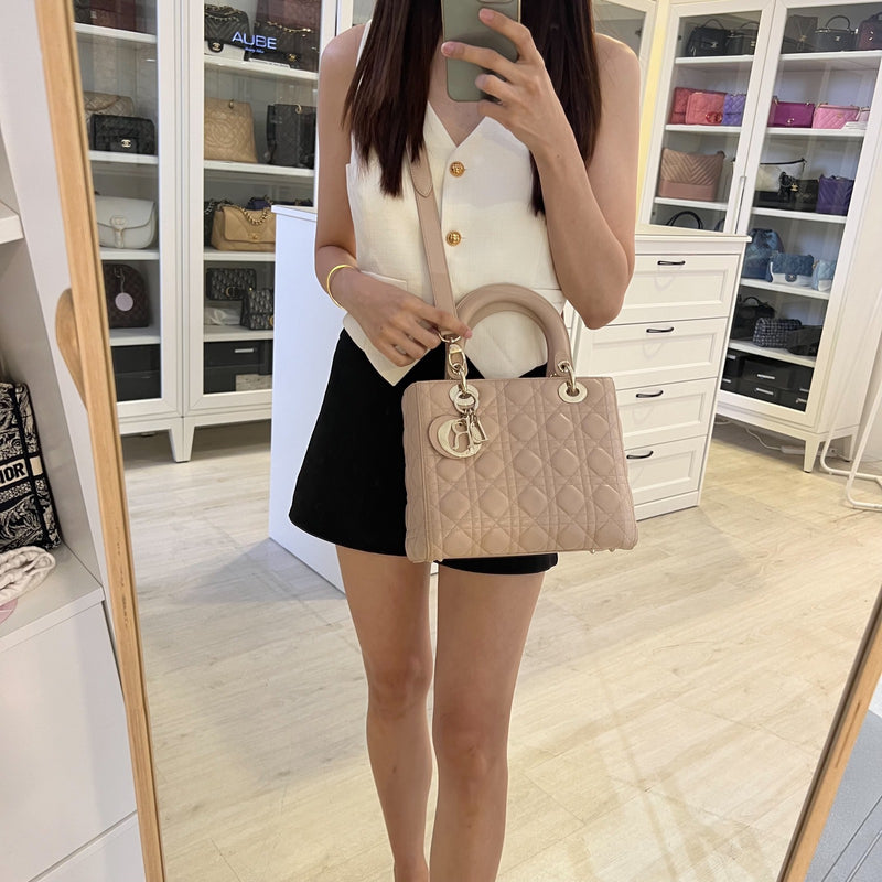 Dior Medium Lady Dior in Rose Beige Lambskin and LGHW (New Version with Adjustable Strap)