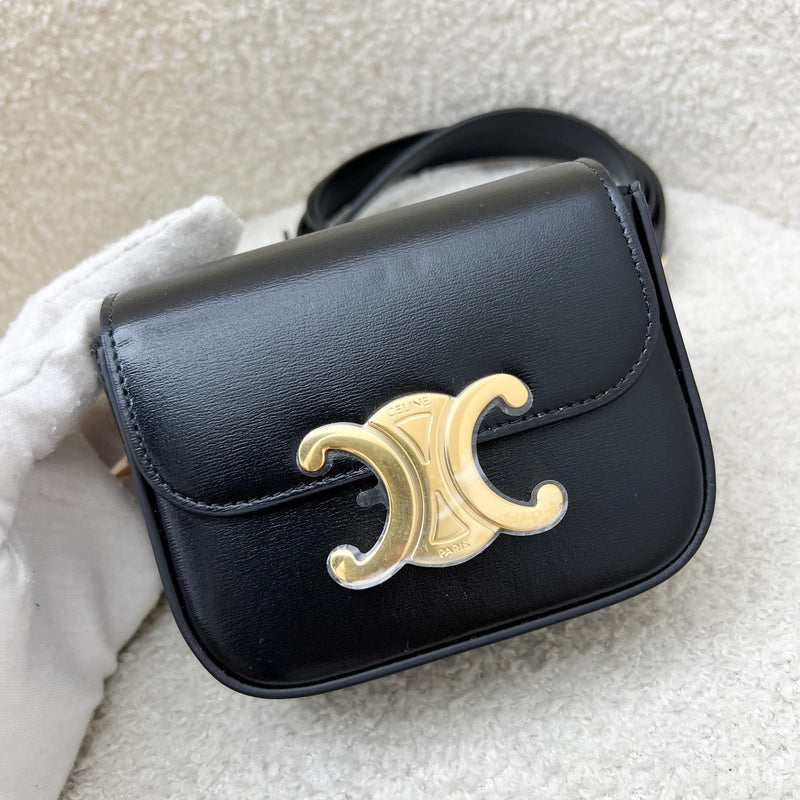 Celine Triomphe Mini Claude Flap Bag in Black Shiny Calfskin and GHW