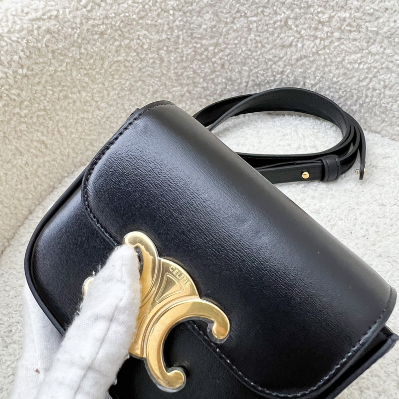 Celine Triomphe Mini Claude Flap Bag in Black Shiny Calfskin and GHW