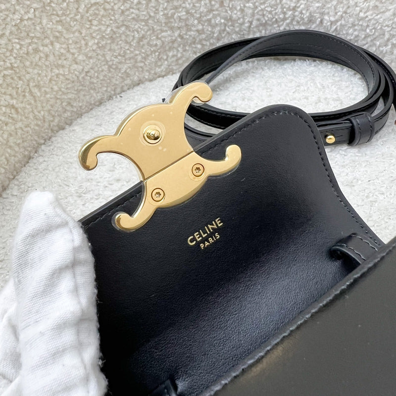 Celine Triomphe Mini Claude Flap Bag in Black Shiny Calfskin and GHW