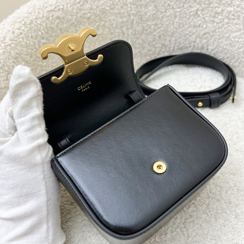Celine Triomphe Mini Claude Flap Bag in Black Shiny Calfskin and GHW