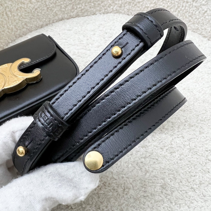 Celine Triomphe Mini Claude Flap Bag in Black Shiny Calfskin and GHW