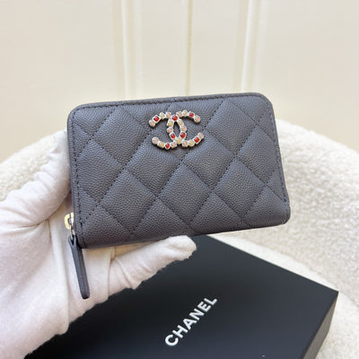 Chanel Zippy Card Holder / Pouch in Dark Grey Caviar and Crystal Studded Logo