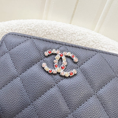 Chanel Zippy Card Holder / Pouch in Dark Grey Caviar and Crystal Studded Logo