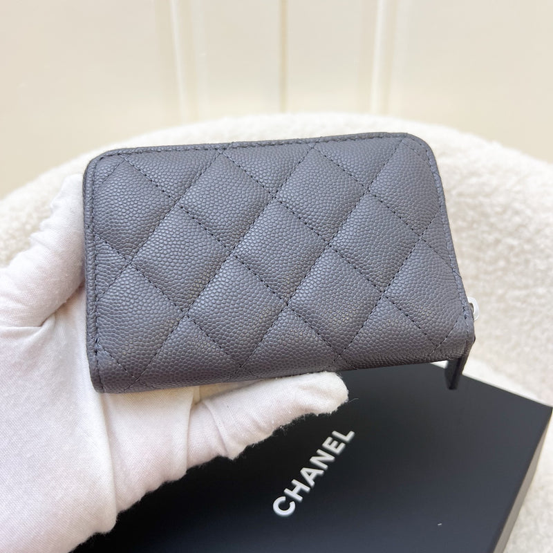 Chanel Zippy Card Holder / Pouch in Dark Grey Caviar and Crystal Studded Logo